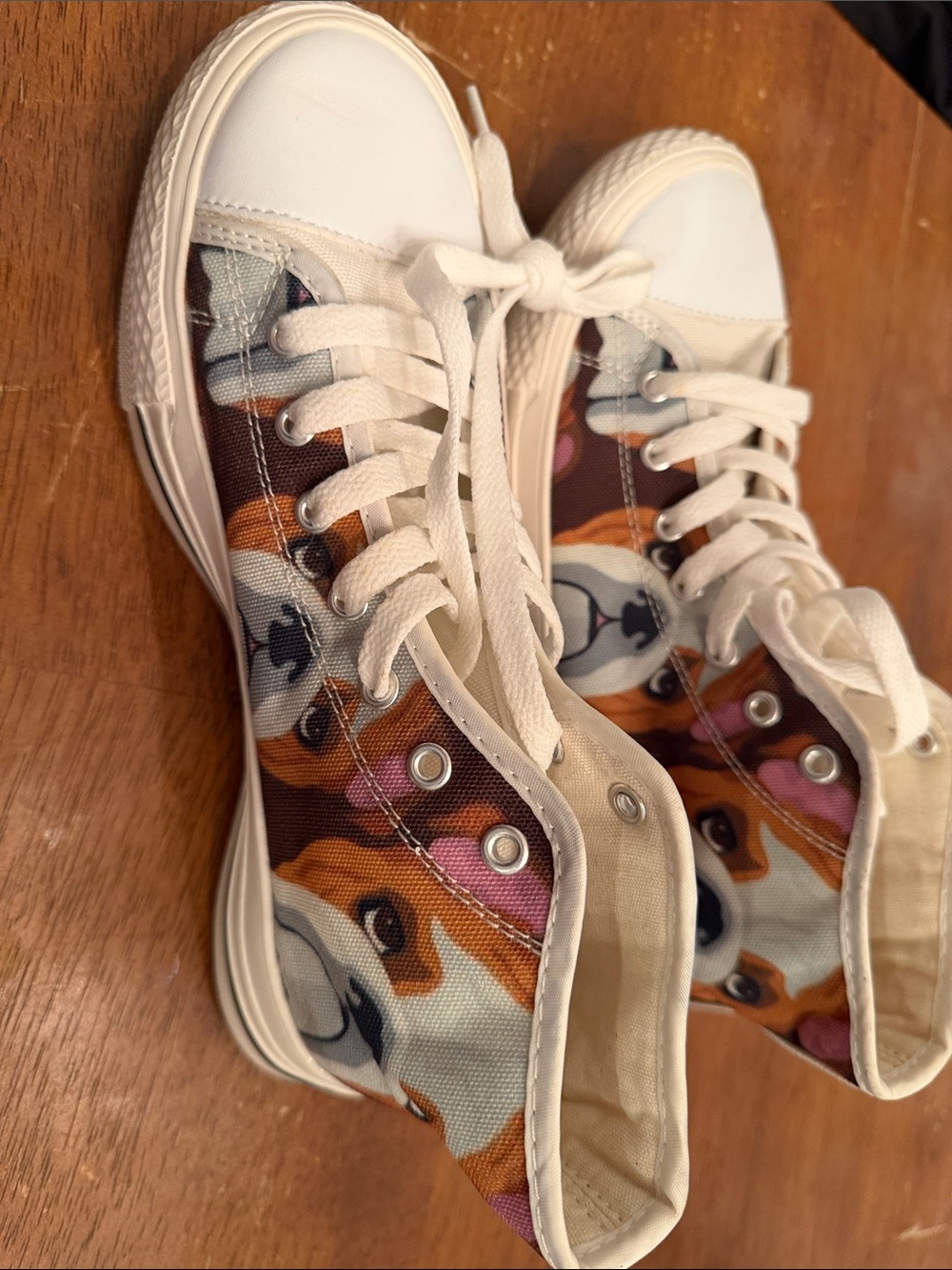 Canvas High-Top Sneakers with Dog Print - White/Tan
